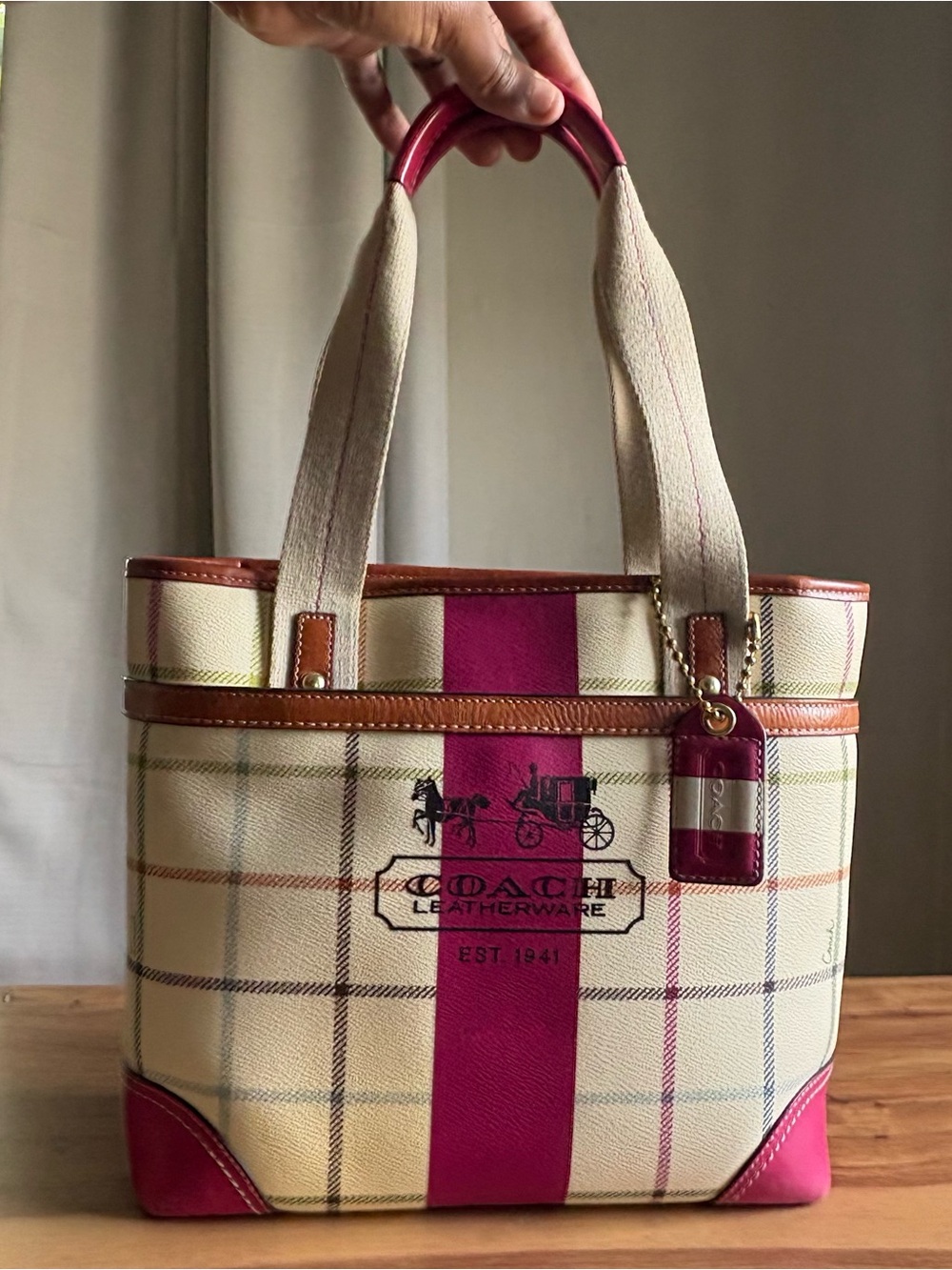 Authentic Coach Heritage Stripe Tattersall Tote